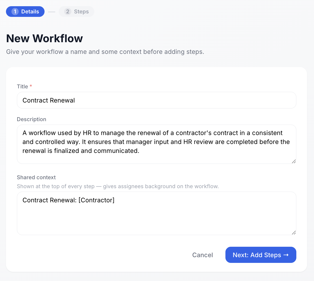 Step 1: Create new workflow - workflow builder interface