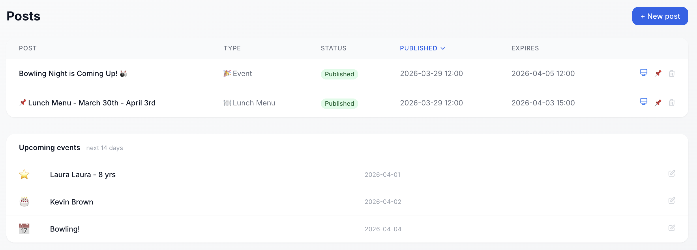 Posts overview - company news feed administration