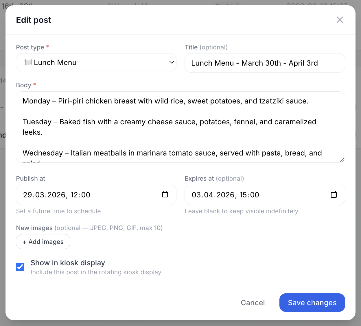 Add post dialog - create company announcements