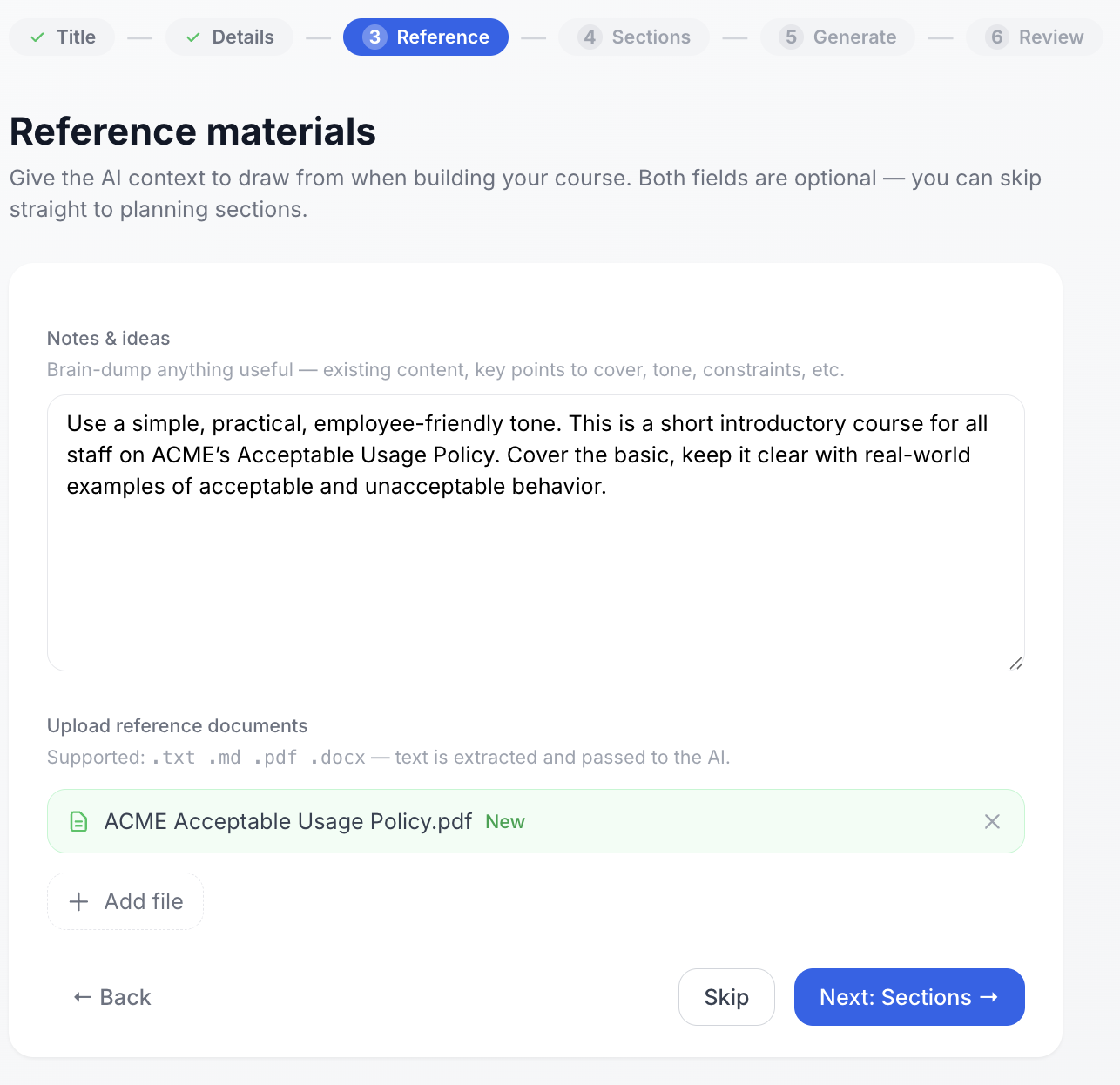 Step 2: Upload your documents - reference materials for AI