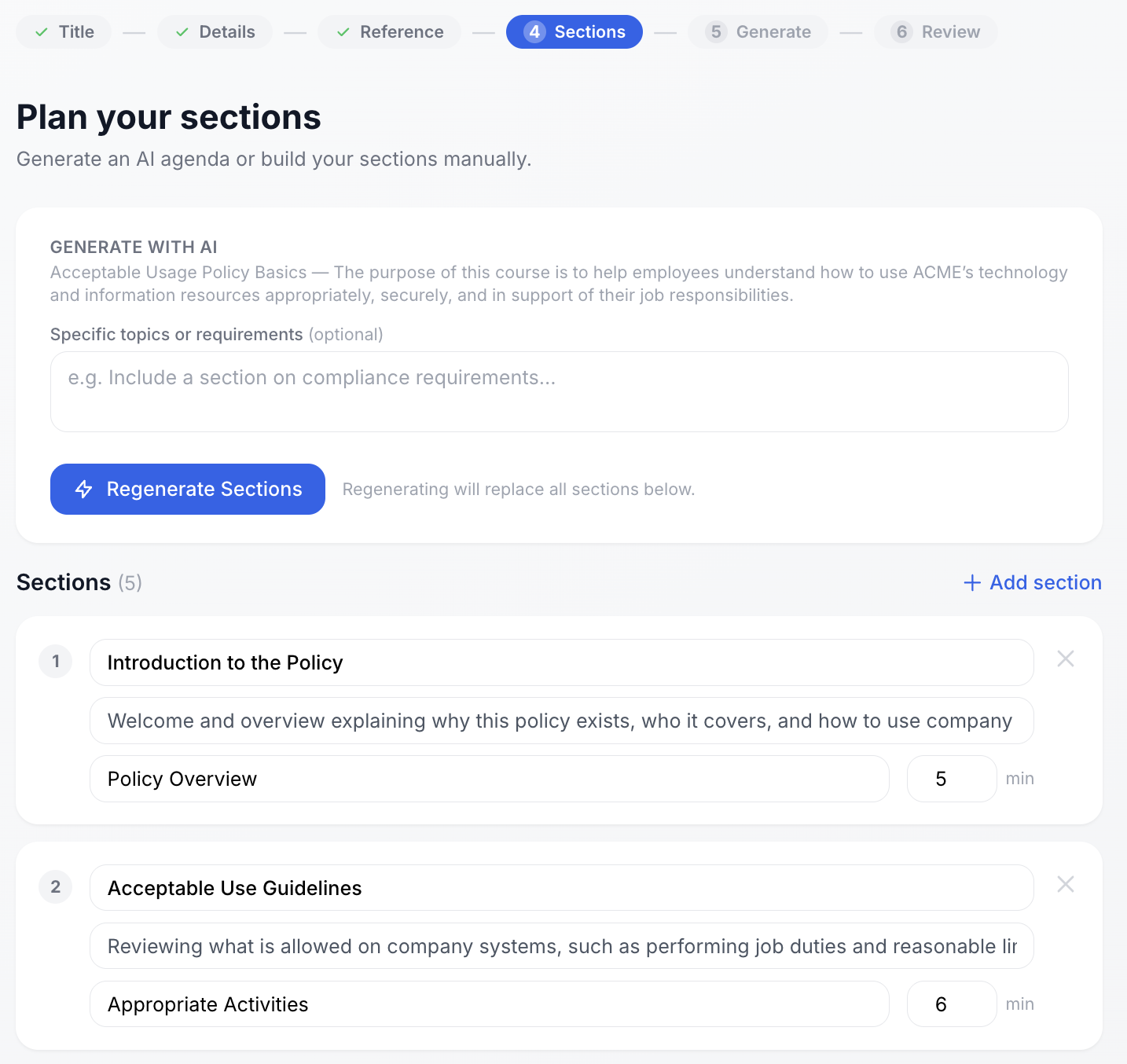 Step 3: Plan your sections - AI-generated course outline