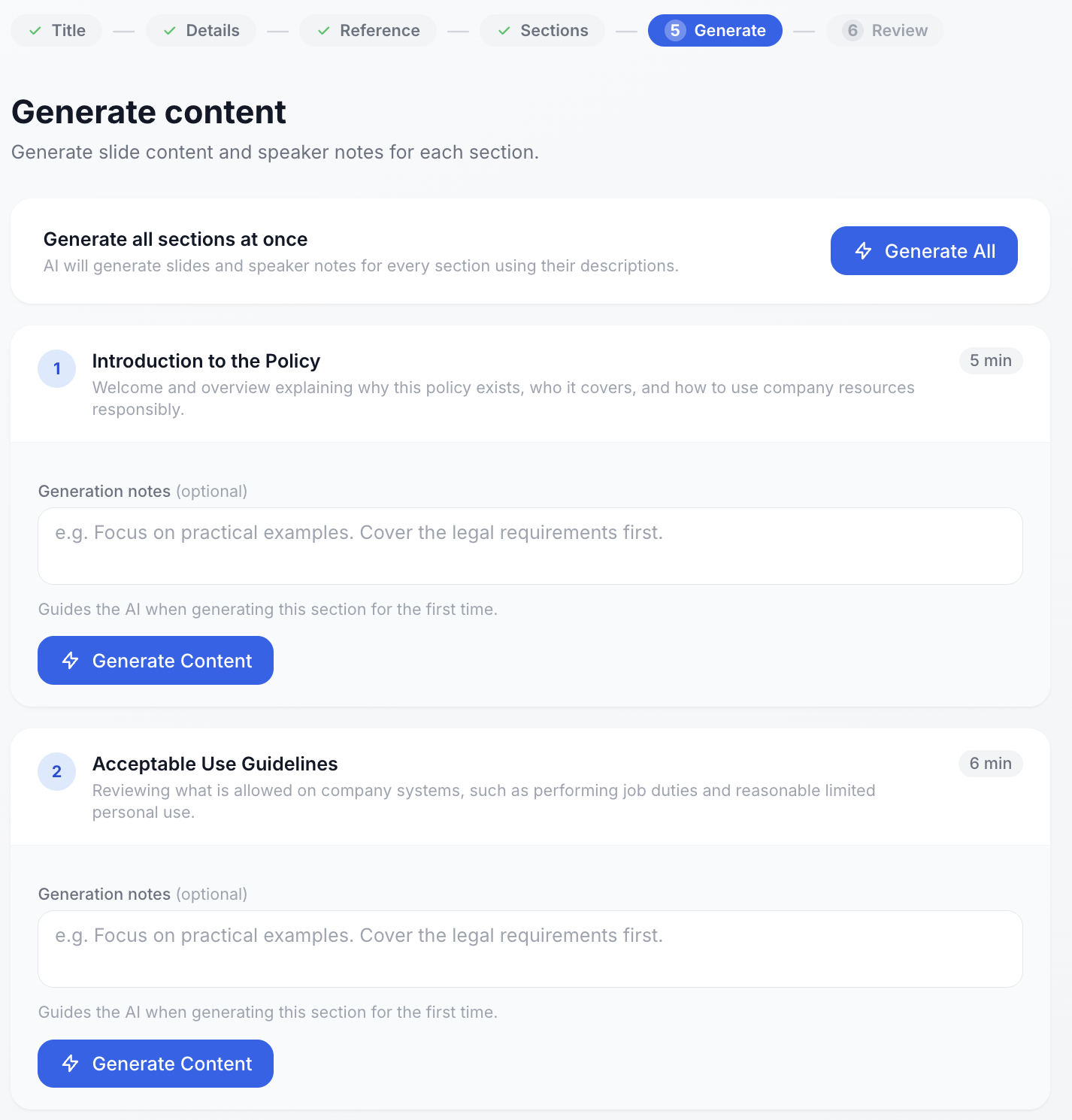 Step 4: Generate content - AI creating slides and speaker notes