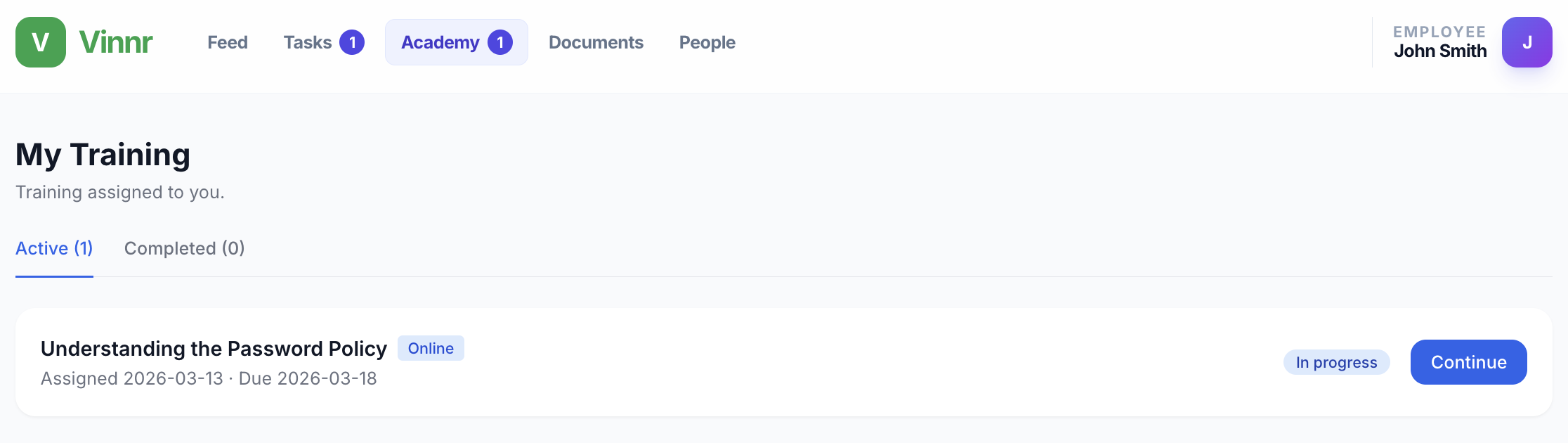 My Training: Employee training dashboard