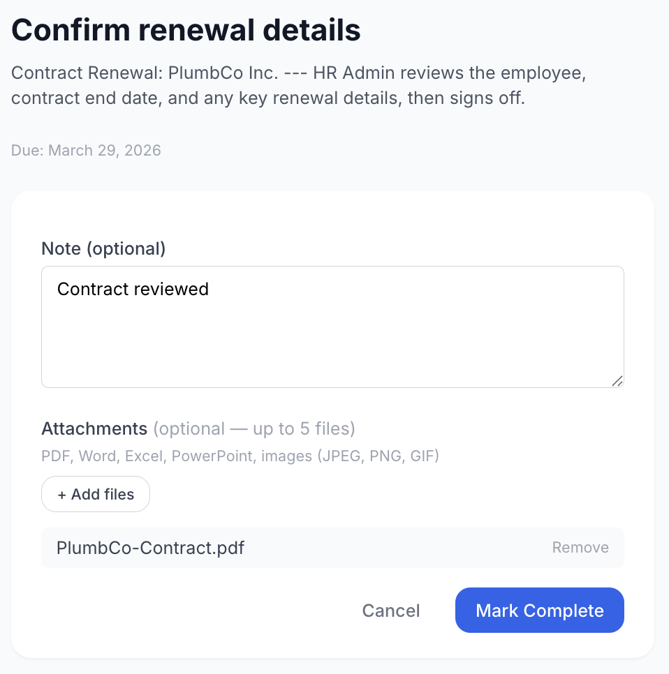 Employee completes task - add notes and attachments